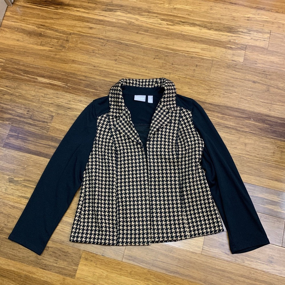 Chicos Houndstooth Jacket Blazer Black Beige Knit Panels Womens Size Medium